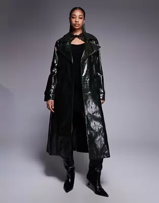 River Island - Mørkegrøn trenchcoat med krokodillemønster i imiteret læder