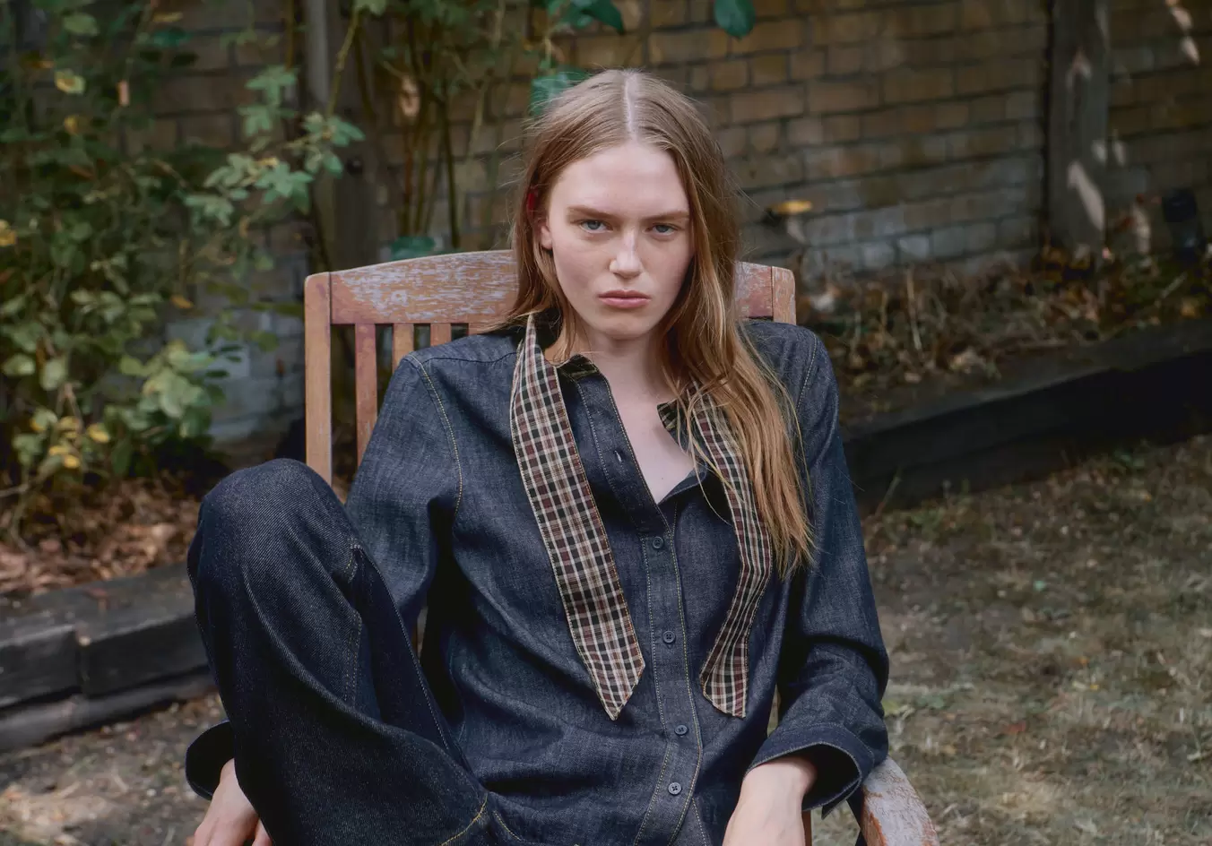 Denim shirt with scarf neckline