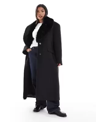 ASOS DESIGN Curve - Sort dad-frakke i uldblanding med krave i imiteret pels