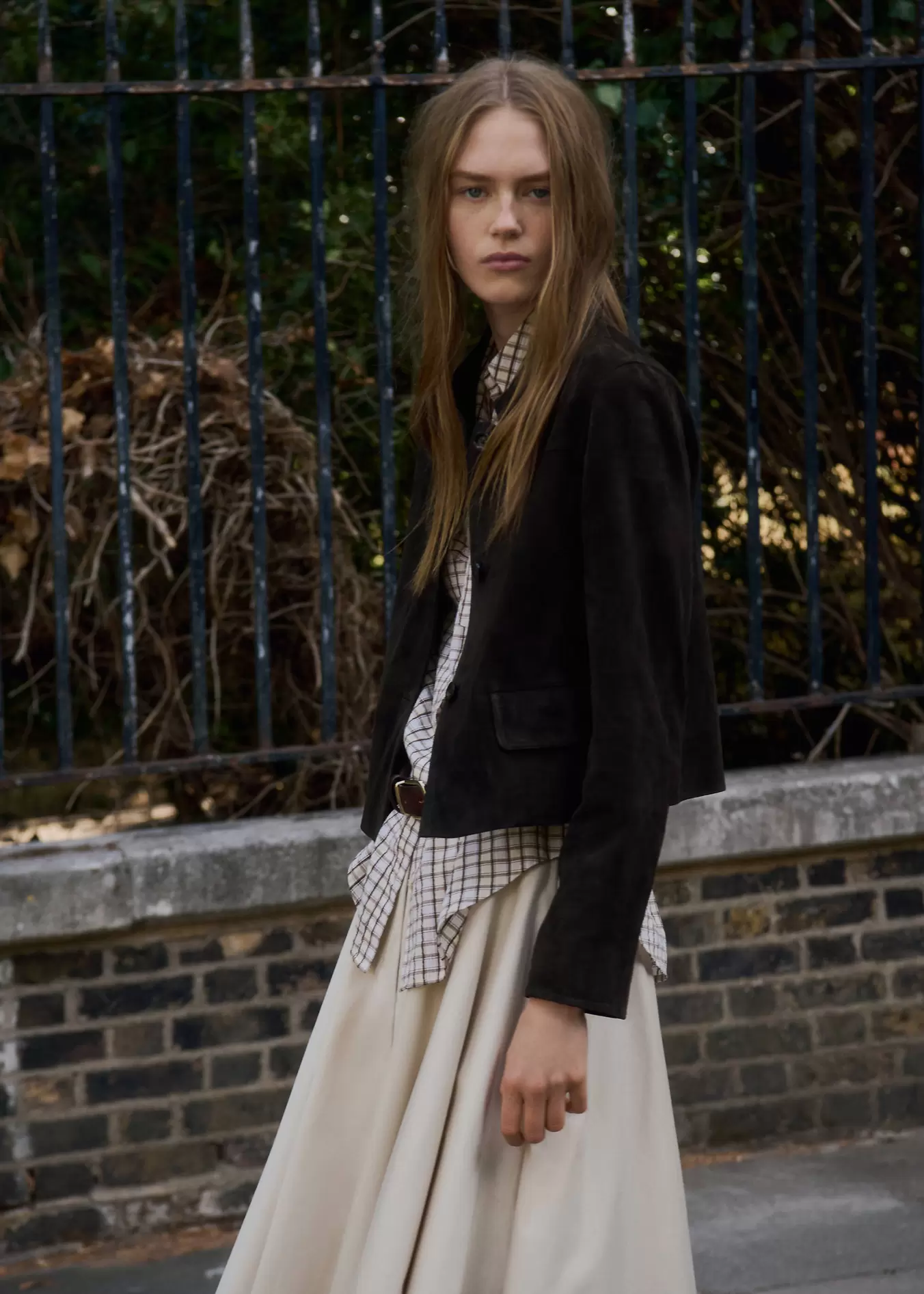 Suede jacket with strap collar