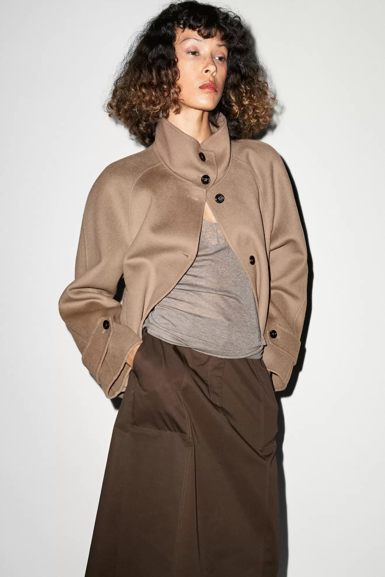 Short stand-up collar wool blend coat
