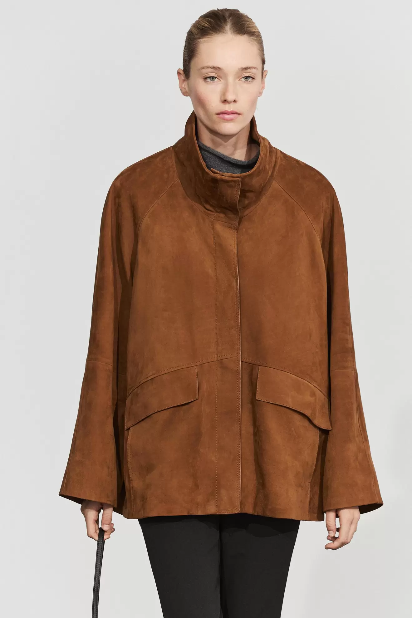 Nubuck leather high collar coat