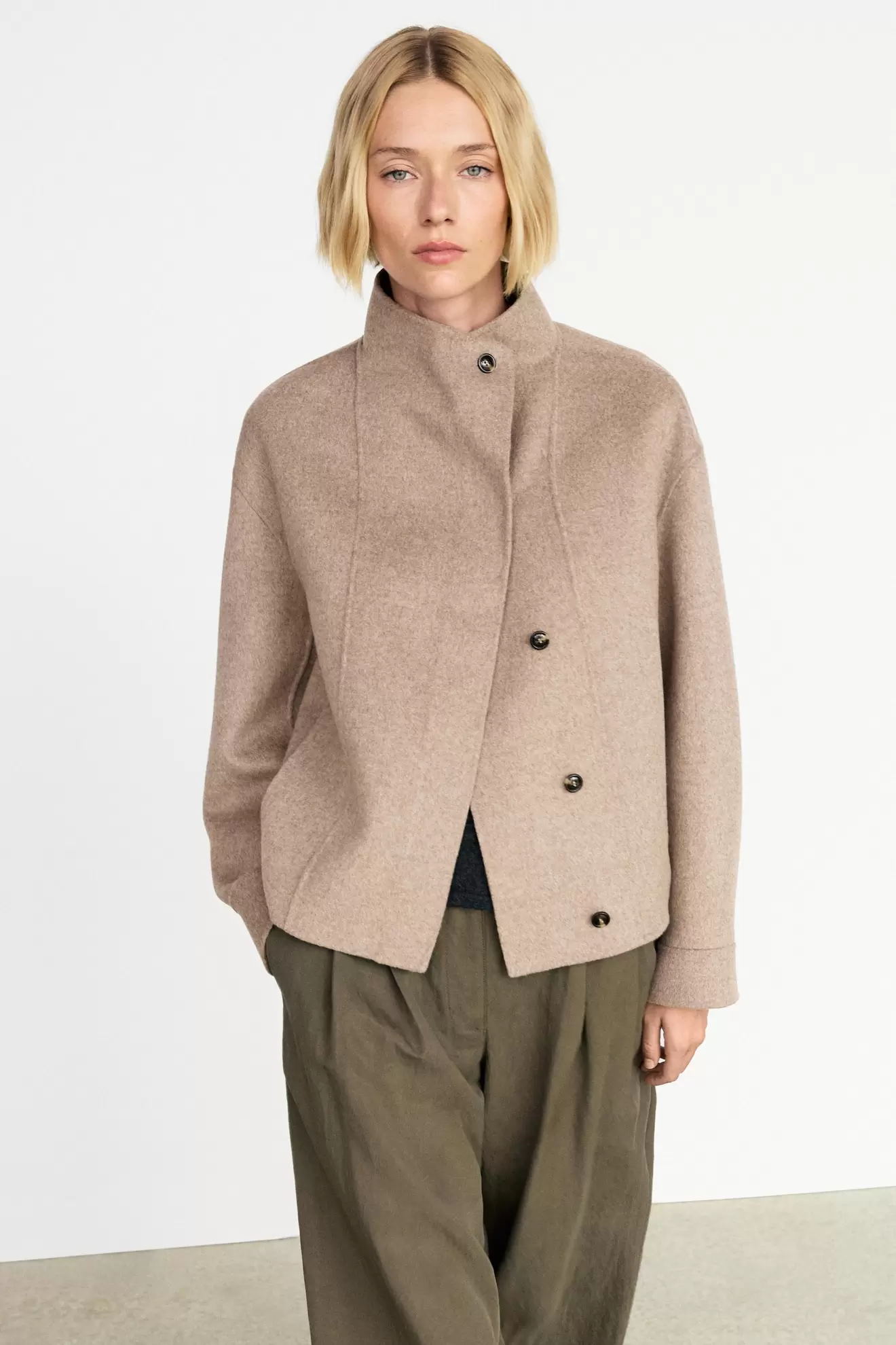 Short wool-blend coat with crossover collar