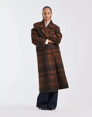 ASOS DESIGN - Premium - Brun og orange-ternet dad-frakke i børstet uldblanding