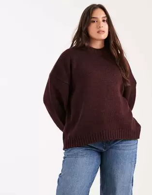 ASOS DESIGN Curve - Bordeaux super-oversized trøje med rund hals og buet kant i chunky strik