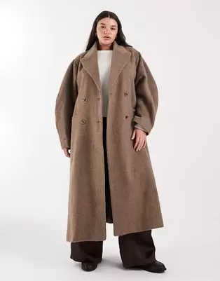 ASOS DESIGN Curve - Svampebrun børstet frakke med kuppelærmer og smalt bælte
