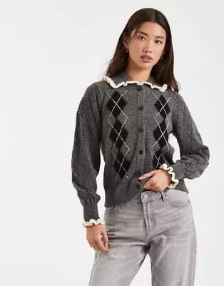 New Look - Grå cardigan med krave og argyle-mønster