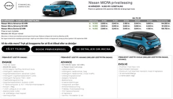 Nissan katalog i Holbæk | Privatleasing MICRA | 2026-09-02T00:00:00.000Z - 2026-09-30T00:00:00.000Z