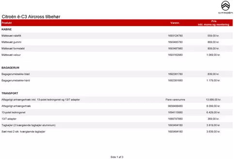 Citroën katalog i Kolind | tilbehoersprislister E-c3 aircross | 2026-01-01T00:00:00.000Z - 2026-12-31T00:00:00.000Z