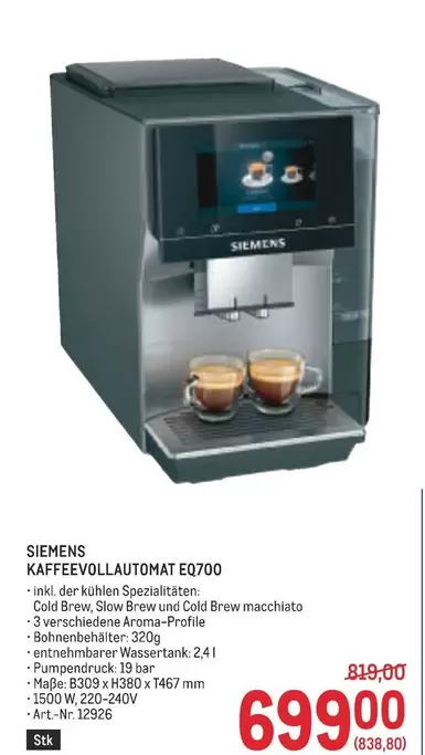 Siemens - KAFFEEVOLLAUTOMAT EQ700
