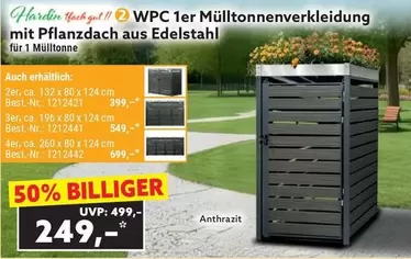 WPC 1er Mülltonnenverkleidung mit Pflanzdach aus Edelstahl
