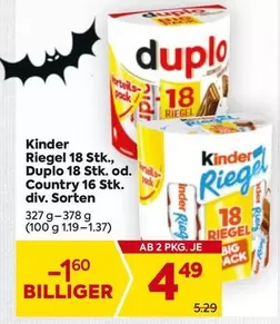 Kinder - Riegel 18 Stk., Duplo 18 Stk. od. Country 16 Stk. div. Sorten