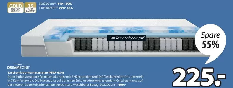 Gold - Taschenfederkernmatratze 90x200 G341