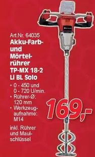 Akku-Farb- und Mörtelrührer TP-MX 18-2 Li BL Solo