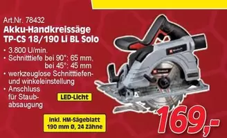 Akku-Handkreissäge TP-CS 18/190 Li BL Solo