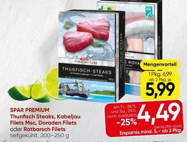 Thunfisch -  Steaks, Kabeljau Filets Msc, Doraden Filets oder Rotbarsch Filets