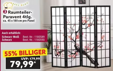 Schwarz - Raumteiler-Paravent 4tlg.