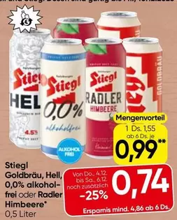 Stiegl - Goldbräu, Hell, 0,0% alkoholfrei oder Radler Himbeere