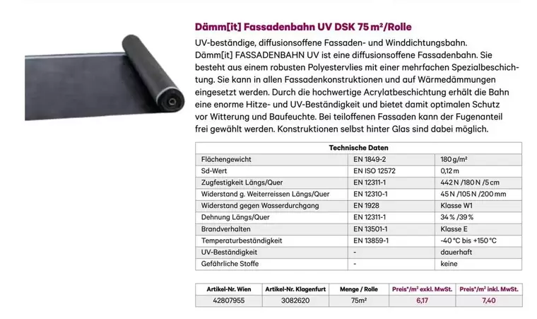 Fassadenbahn UV DSK 75 m²/Rolle