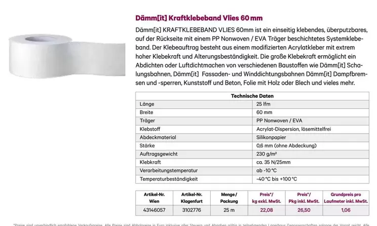 Kraftklebeband Vlies 60 mm