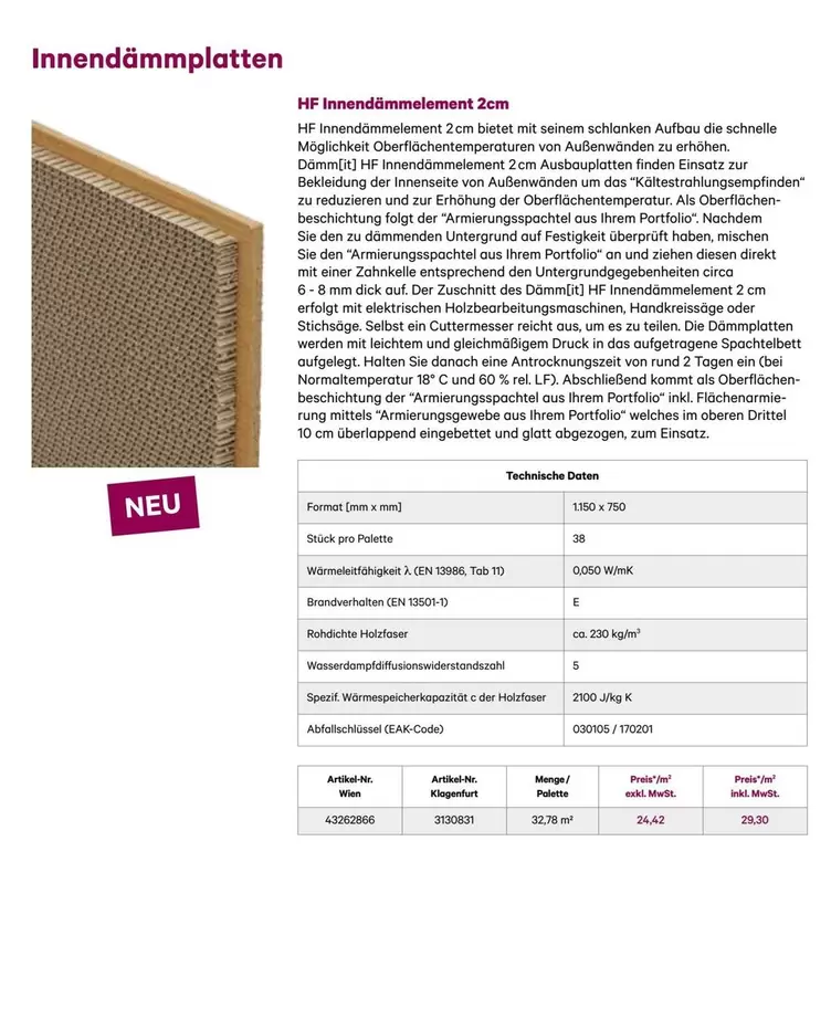 Palette - HF Innendämmplatten