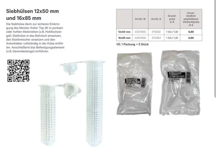 Siebhülsen 12x50 mm und 16x85 mm