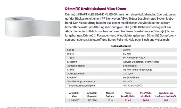 Kraftklebeband Vlies 60 mm