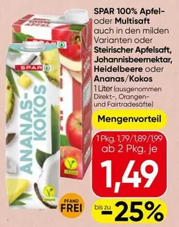 100% Apfel- oder Multisaft, Steirischer Apfelsaft, Johannisbeernektar, Heidelbeere oder Ananas/Kokos