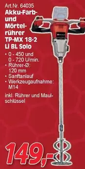 Akku-Farb- und Mörtelrührer TP-MX 18-2 LI BL Solo
