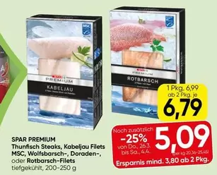 Thunfisch -  Steaks, Kabeljau Filets MSC, Wolfsbarsch-, Doraden-, oder Rotbarsch-Filets tiefgekühlt