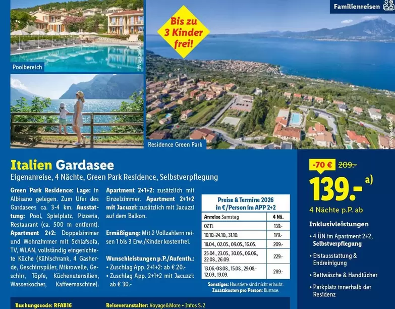 Kinder - Italien Gardasee Eigenanreise, 4 Nächte, Green Park Residence, Selbstverpflegung