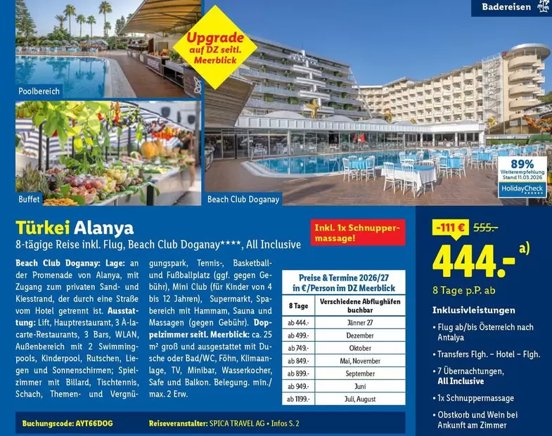 Kinder - 8-tägige Reise inkl. Flug, Beach Club Doganay, All Inclusive