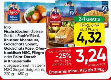 Fischstäbchen diverse Sorten, Fisch'n'Rösti, Knusper Abenteuer, Goldschatz Spinat, Goldschatz Käse, Ofen-backfisch MSC, Filegro oder Polar-Dorsch in Knusperhülle