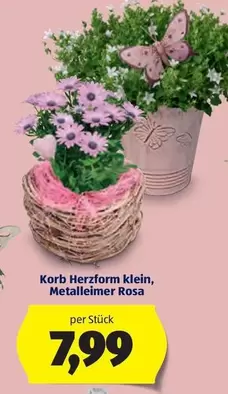 Korb Herzform klein, Metalleimer Rosa