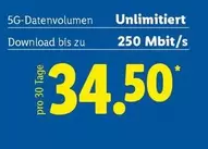 5G-Datenvolumen Unlimitiert Download bis zu 250 Mbit/s