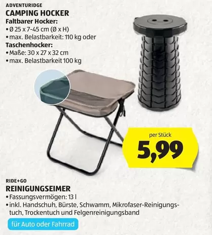 Camping - CAMPING HOCKER Faltbarer Hocker: Ø 25 x 7-45 cm (Ø x H) max. Belastbarkeit: 110 kg oder Taschenhocker: Maße: 30 x 27 x 32 cm max. Belastbarkeit 100 kg