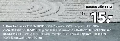 Kuscheldecke TUSENFRYD, Zierkissen SKOGSIV, Rückenkiissen BAKKEMYINTE, Teppich TRETORN