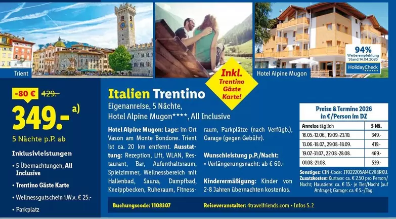 Kinder - Italien Trentino Eigenanreise, 5 Nächte, Hotel Alpine Mugen, All Inclusive