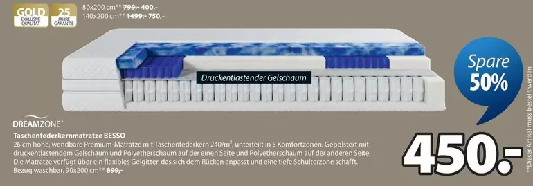 Gold - Taschenfederkernmatratze BC350