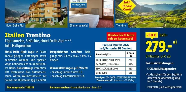 Kinder - Italien Trentino Eigenanreise, 5 Nächte, Hotel Delle Alpi****, inkl. Halbpension