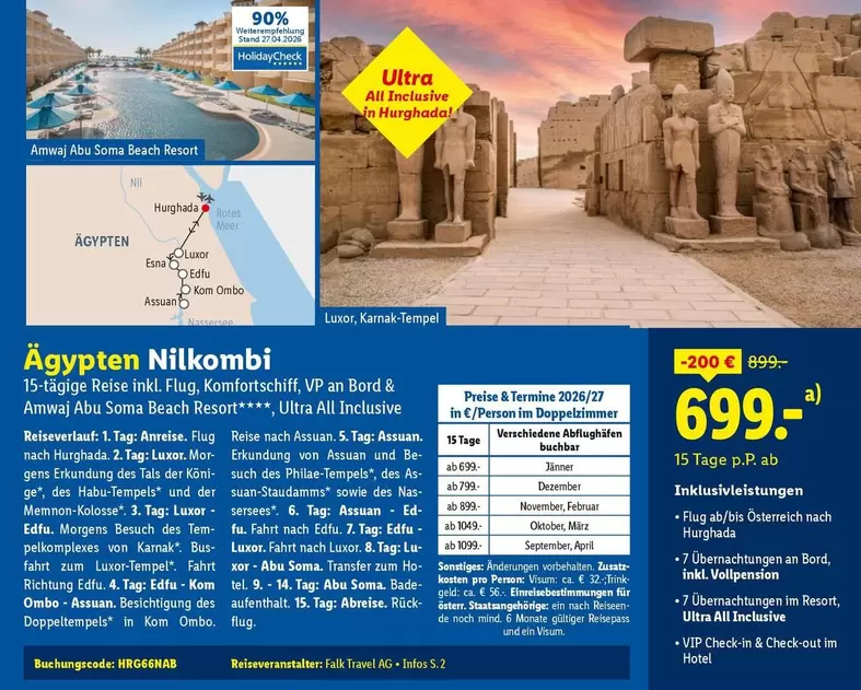 Ägypten Nilkombi 15-tägige Reise inkl. Flug, Komfort-VP an Bord & Amwaj Abu Soma Beach Resort, Ultra All Inclusive