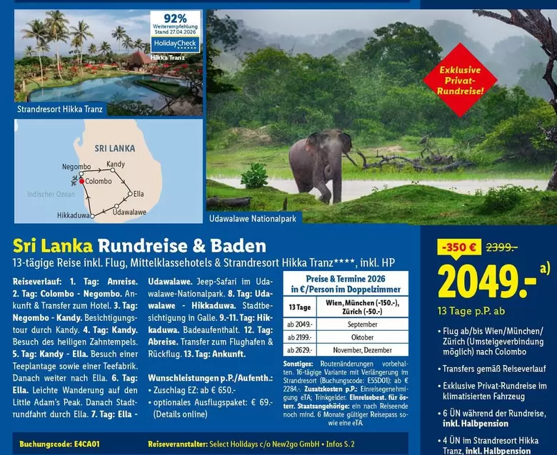Baden - Sri Lanka Rundreise &  13-tägige Reise inkl. Flug, Mittelklassehotels & Strandresort Hikka Tranj