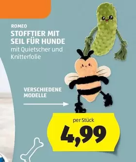 STOFFTIER MIT SEIL FÜR HUNDE mit Quietscher und Knitterfolie