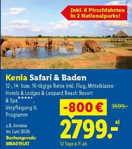 Baden - Kenia Safari &  12-, 14- bzw. 16-tägige Reise inkl. Flug, Mittelklasse-Hotels & Lodges & Leopard Beach Resort & Spa Verpflegung It. Programm z.B. Anreise im Juni 2026 Buchungscode: MBA019LAT