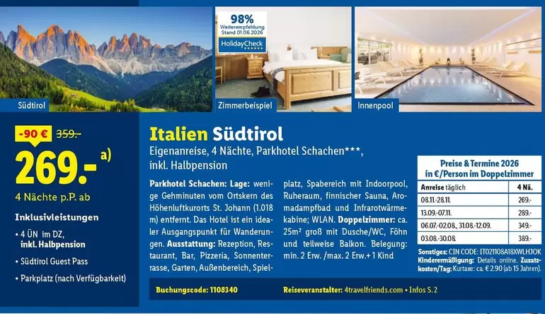 Italien Südtirol Eigenanreise, 4 Nächte, Parkhotel Schachen