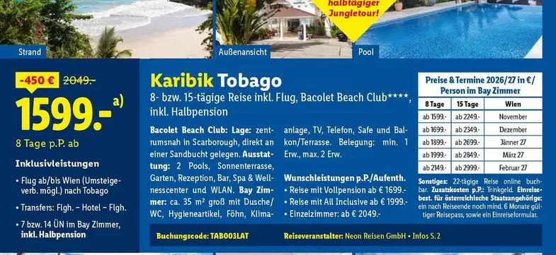 Tiger - Karibik Tobago 8- bzw. 15-tägige Reise inkl. Flug, Bay Resort Club**** inkl. Halbpension