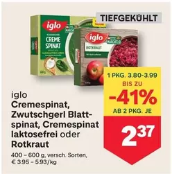iglo Cremespinat, Zwutschgerl Blattspinat, Cremespinat laktosefrei oder Rotkraut
