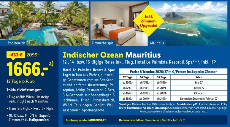 Hp - Indischer Ozean Mauritius 12, 14- bzw. 16-tägige Reise inkl. Flug, Hotel Le Palmiste Resort & Spa