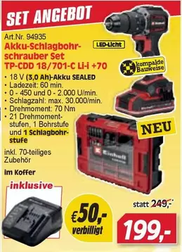 Einhell - Akku-Schlagbohrschrauber Set TP-CDD 18/701-C Li-i +70