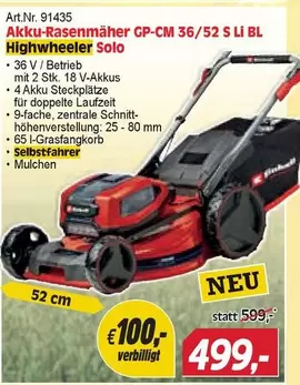 Einhell - Akku-Rasenmäher GP-CM 36/52 S Li BL Highwheeler Solo
